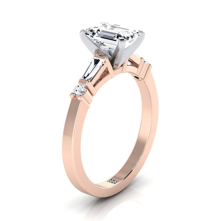 Emerald Cut, Baguette and Round Side Stone Emerald, in 14K Rose Gold, prong setting – side profile | RockHer