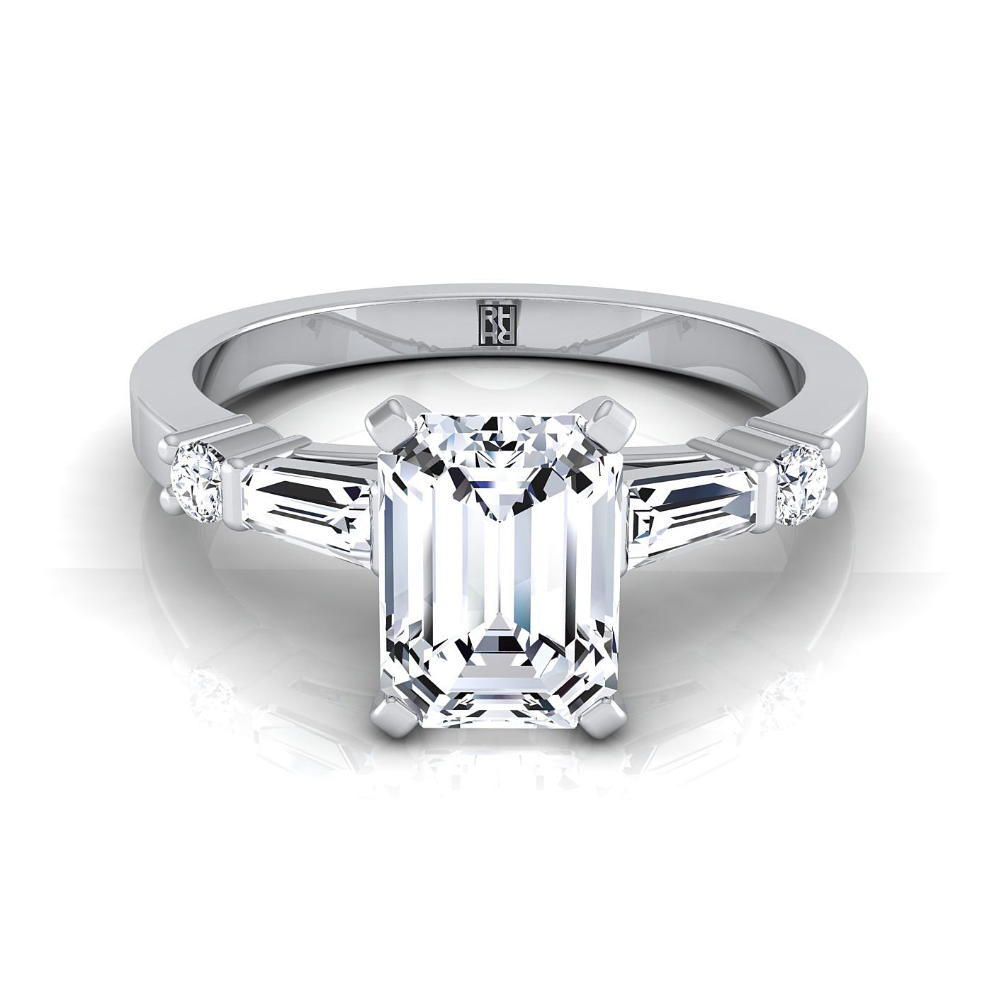Emerald Cut, Baguette and Round Side Stone Emerald, in Platinum | RockHer