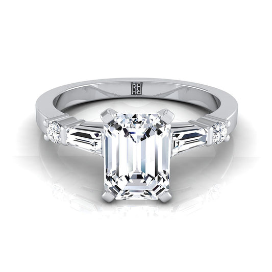Emerald Cut, Baguette and Round Side Stone Emerald, in Platinum | RockHer
