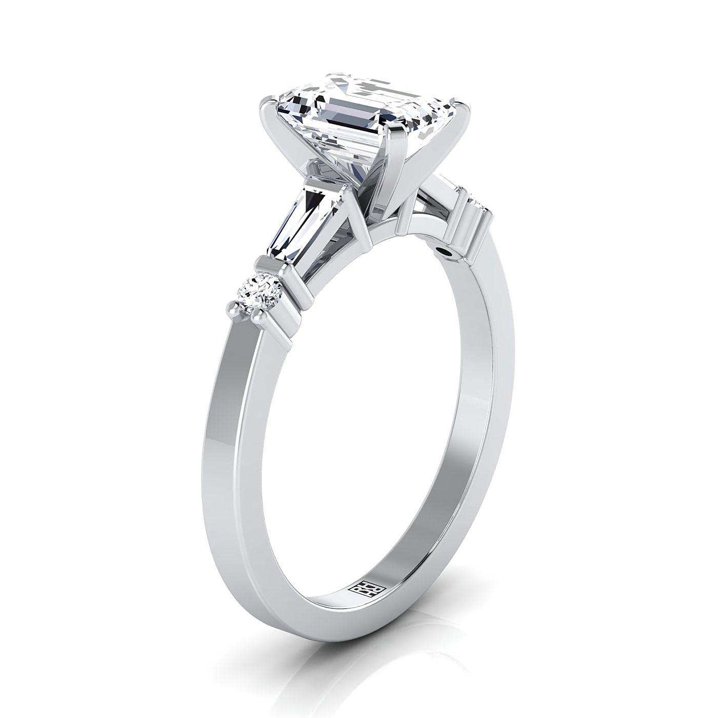 Emerald Cut, Baguette and Round Side Stone Emerald, in Platinum – side profile | RockHer