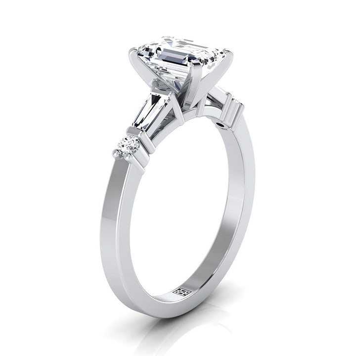 Emerald Cut, Baguette and Round Side Stone Emerald, in Platinum – side profile | RockHer
