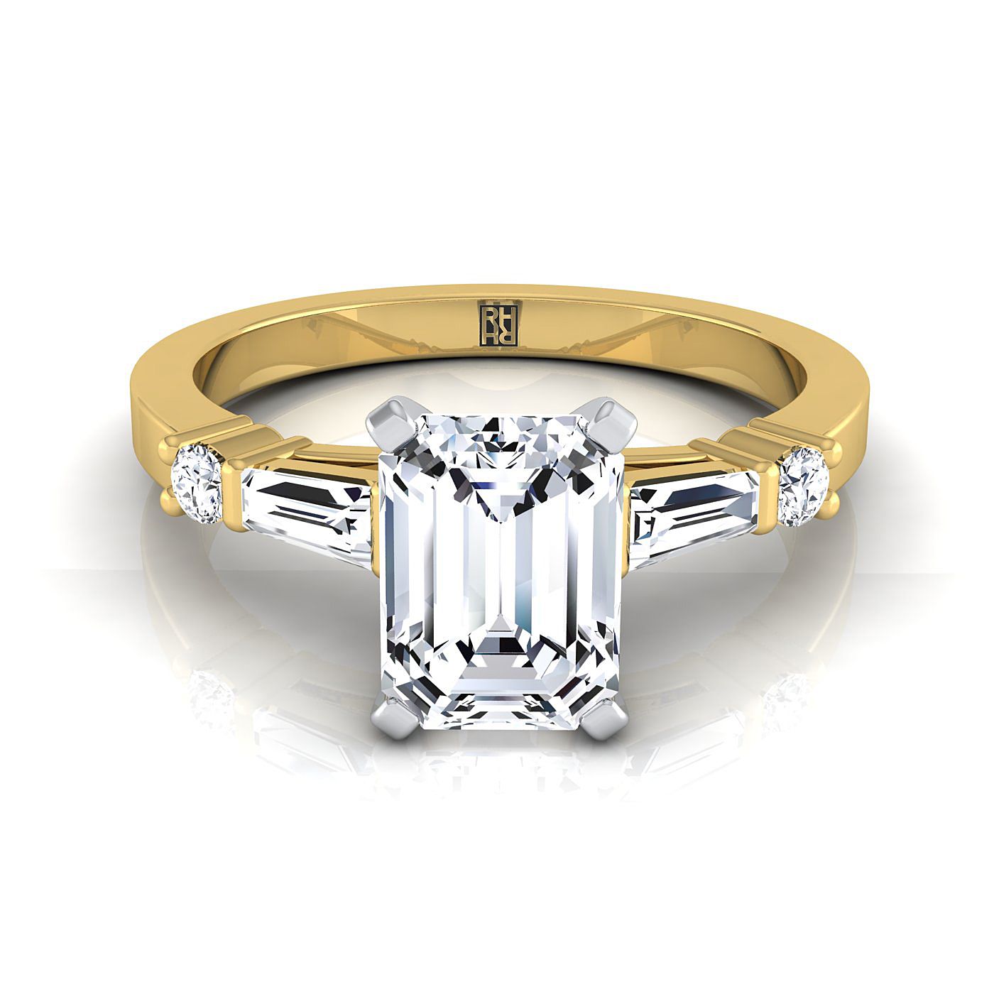 Emerald Cut, Baguette and Round Side Stone Emerald, in 18K Yellow Gold | RockHer