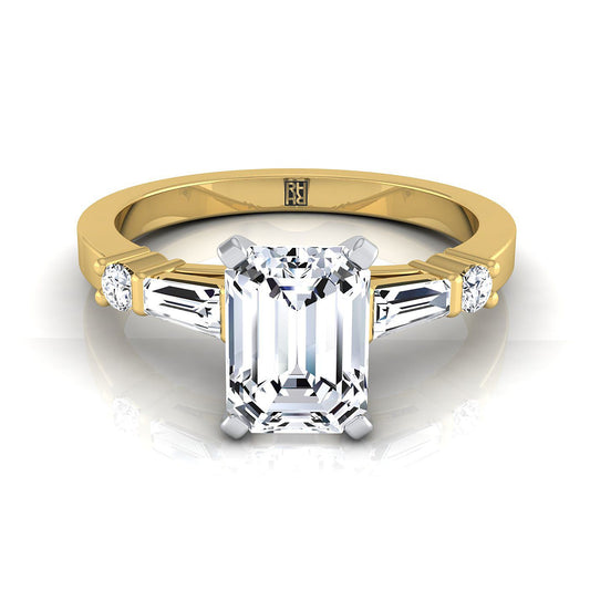 Emerald Cut, Baguette and Round Side Stone Emerald, in 18K Yellow Gold | RockHer