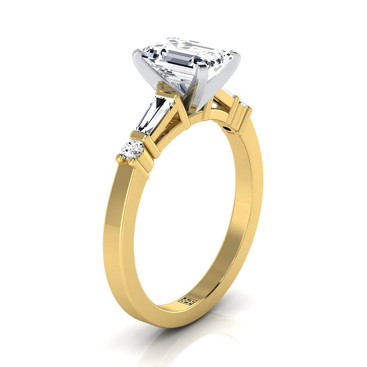 Emerald Cut, Baguette and Round Side Stone Emerald, in 18K Yellow Gold – side profile | RockHer