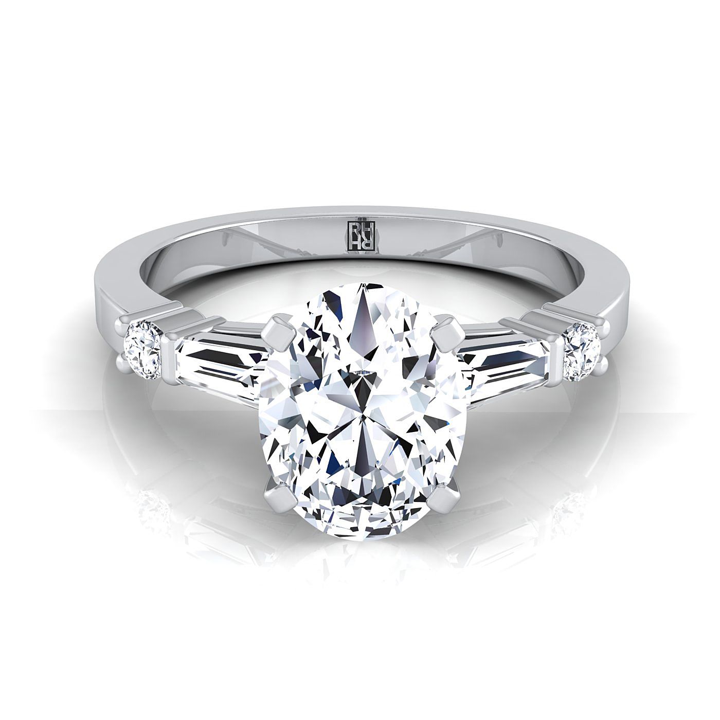 Platinum Oval Diamond Simple Baguette and Round Solitaire Engagement Ring -1/4ctw
