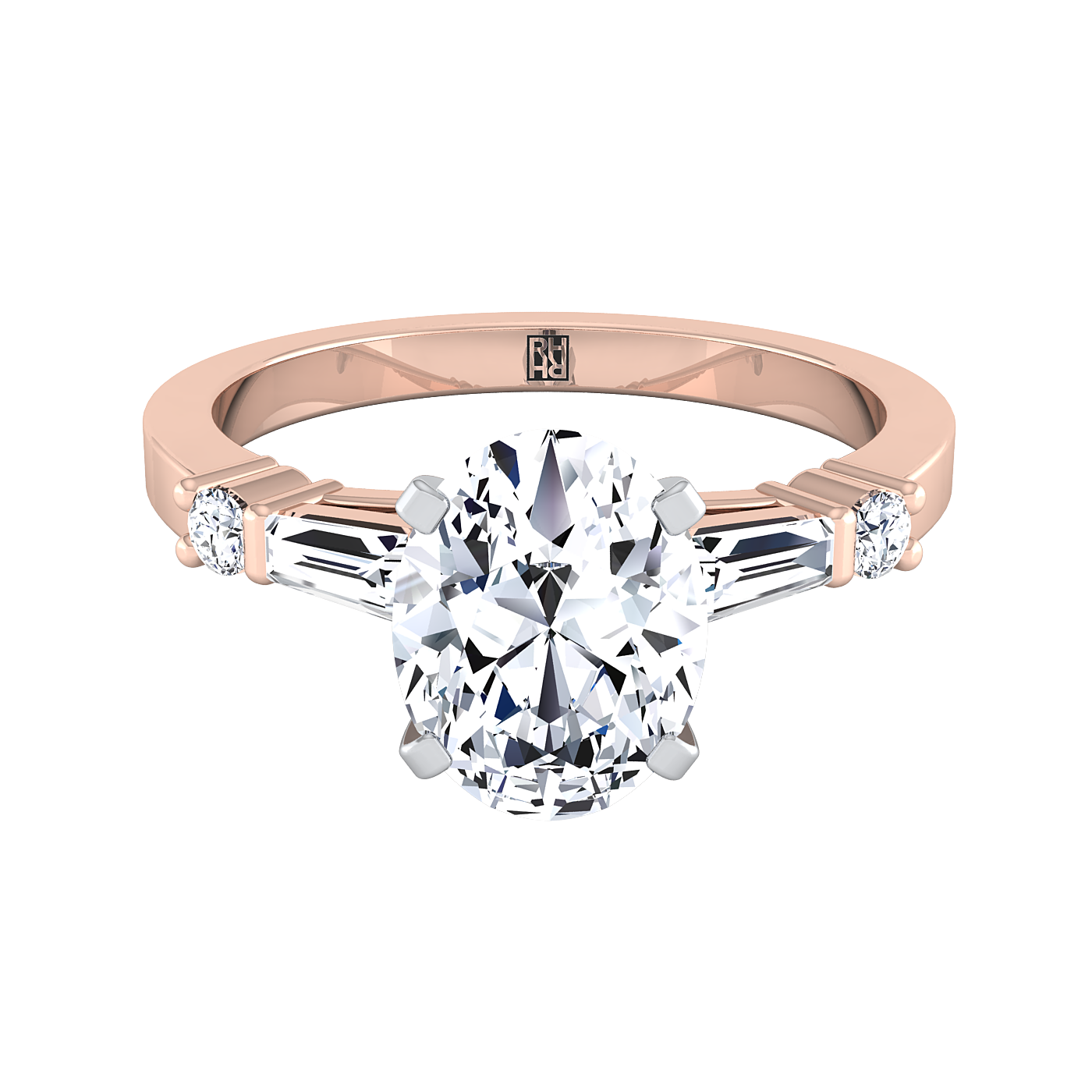 แหวนหมั้นเพชรรูปไข่ทองคำกุหลาบ 14K แบบเรียบ ประกอบด้วยเพชรบาแกตต์และเพชรรูปกลมเดี่ยว - 1/4 กะรัตรวม