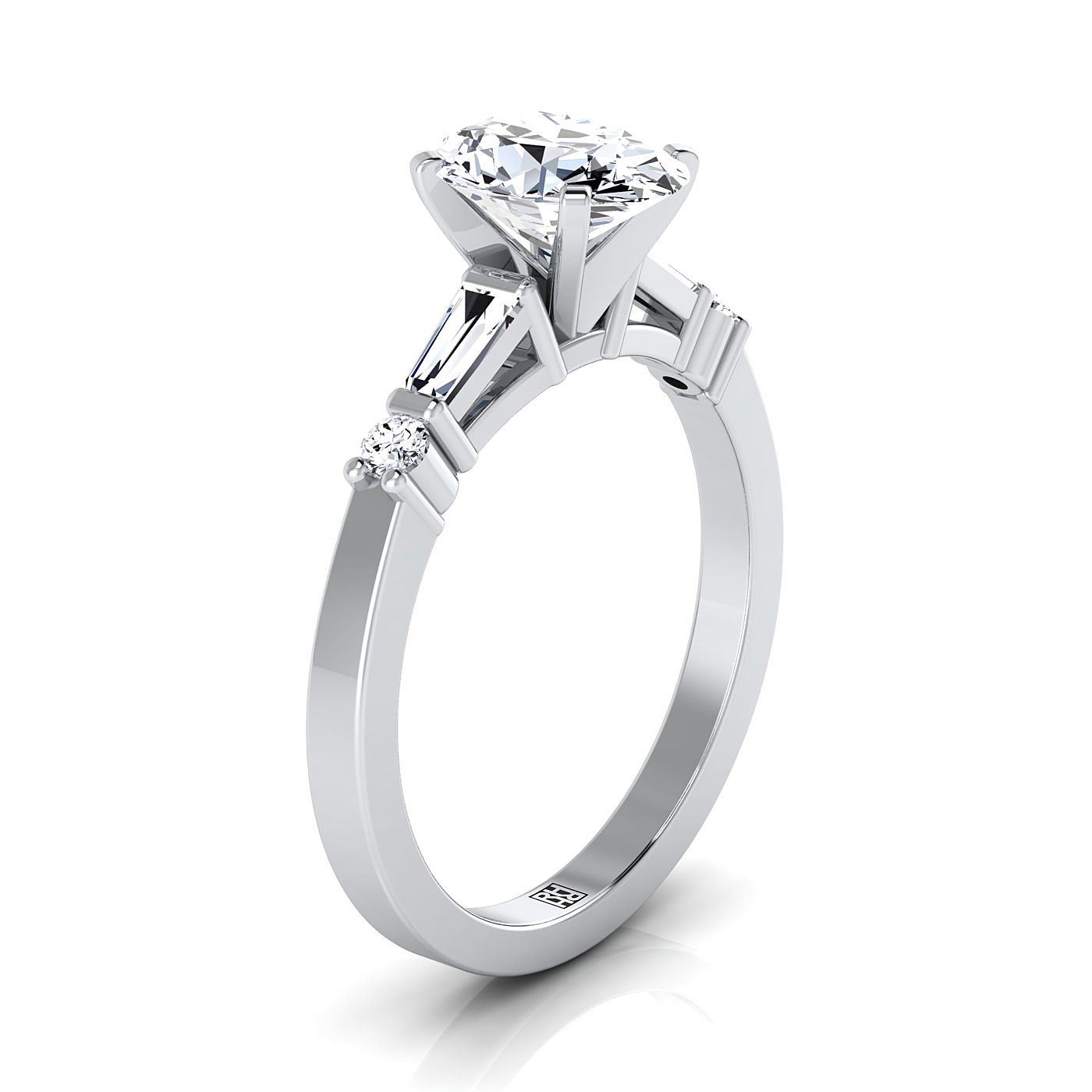 Platinum Oval Diamond Simple Baguette and Round Solitaire Engagement Ring -1/4ctw
