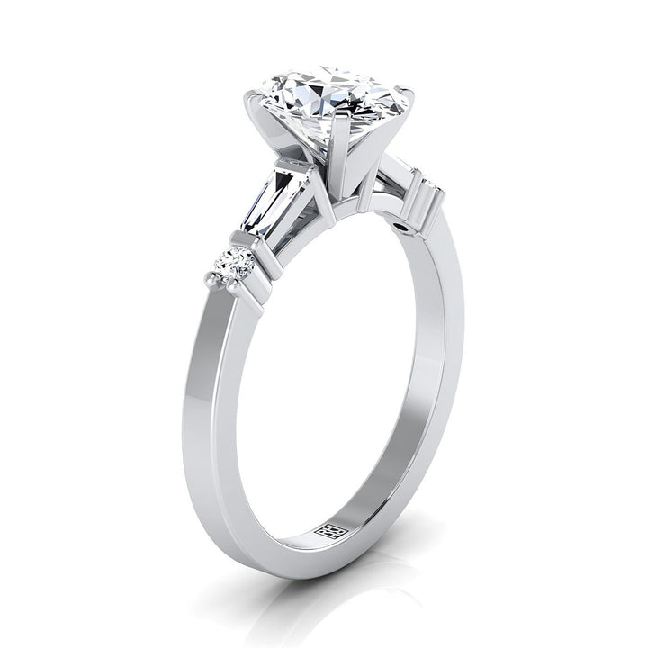 Platinum Oval Diamond Simple Baguette and Round Solitaire Engagement Ring -1/4ctw