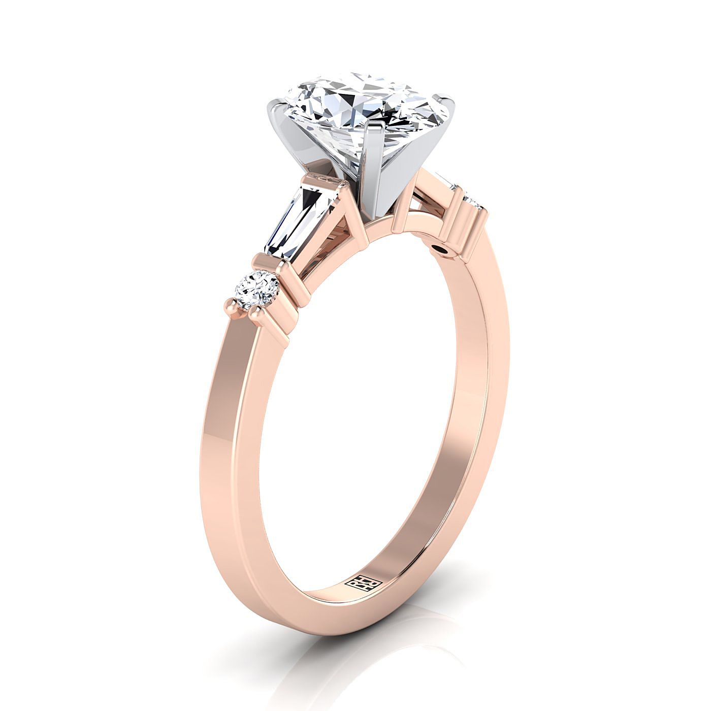 Baguette and Round Side Stone Oval, in 14K Rose Gold, prong setting – side profile | RockHer