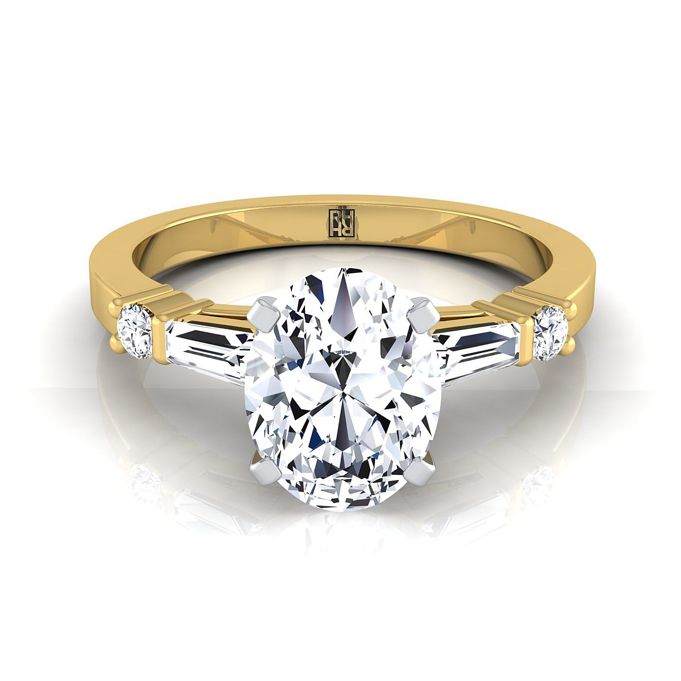 14K Yellow Gold Oval Diamond Simple Baguette and Round Solitaire Engagement Ring -1/4ctw