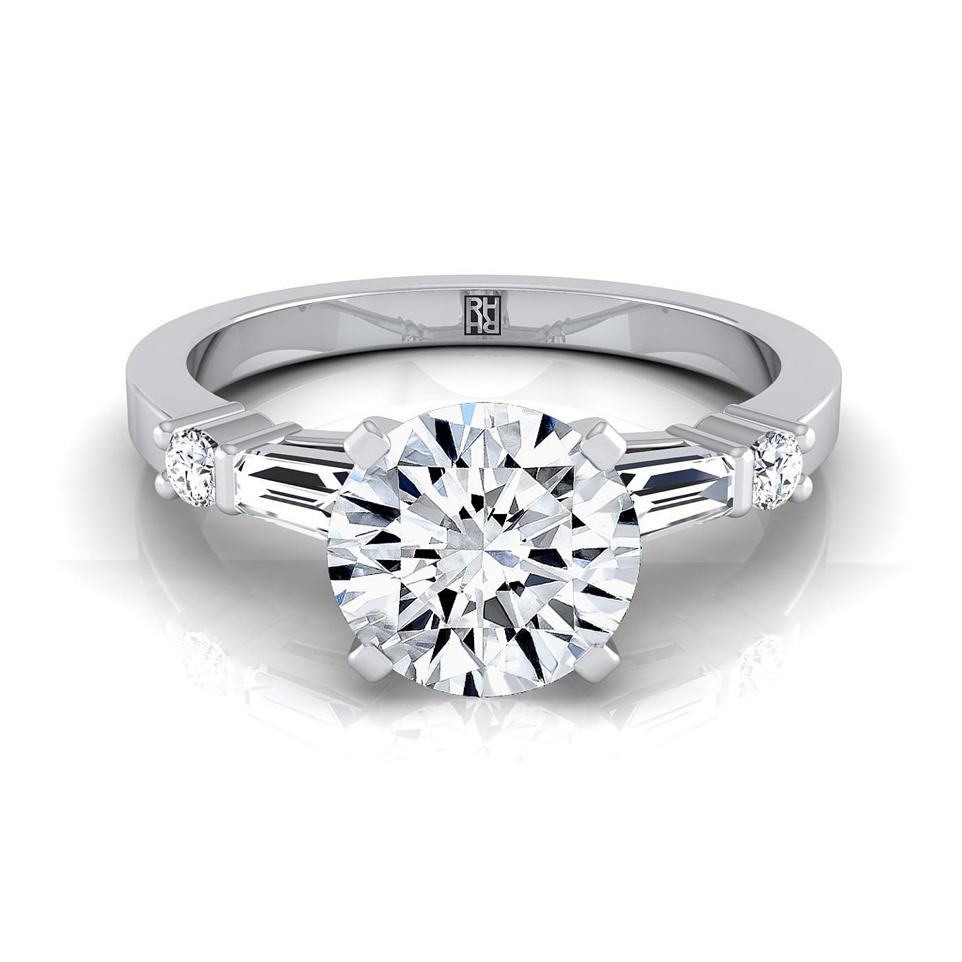 Round Brilliant, Baguette and Round Side Stone, in Platinum | RockHer