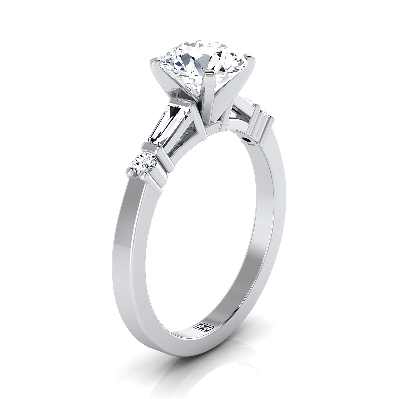 Platinum Round Brilliant Diamond Simple Baguette and Round Solitaire Engagement Ring -1/4ctw