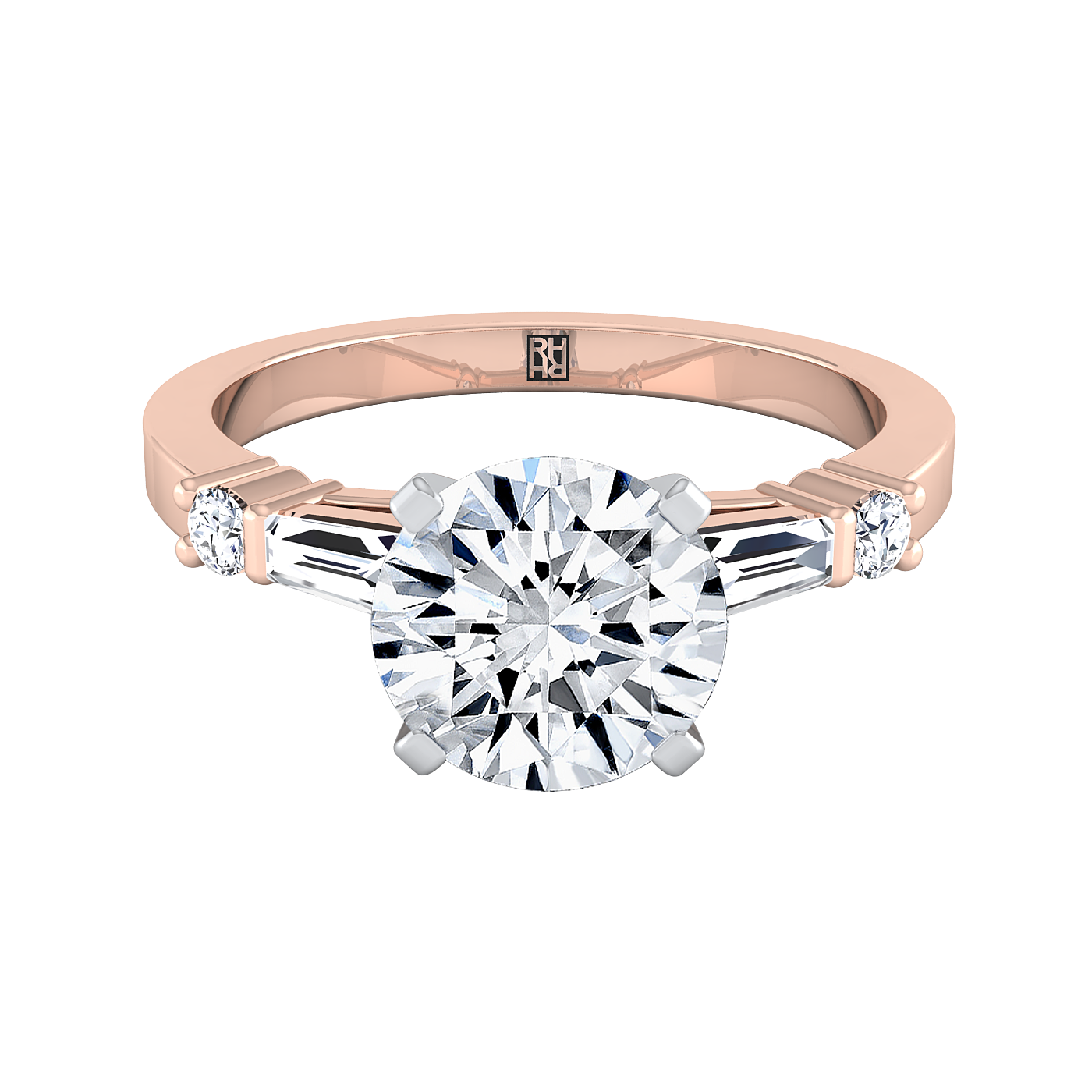Round Brilliant, Baguette and Round Side Stone, in 14K Rose Gold, prong setting | RockHer