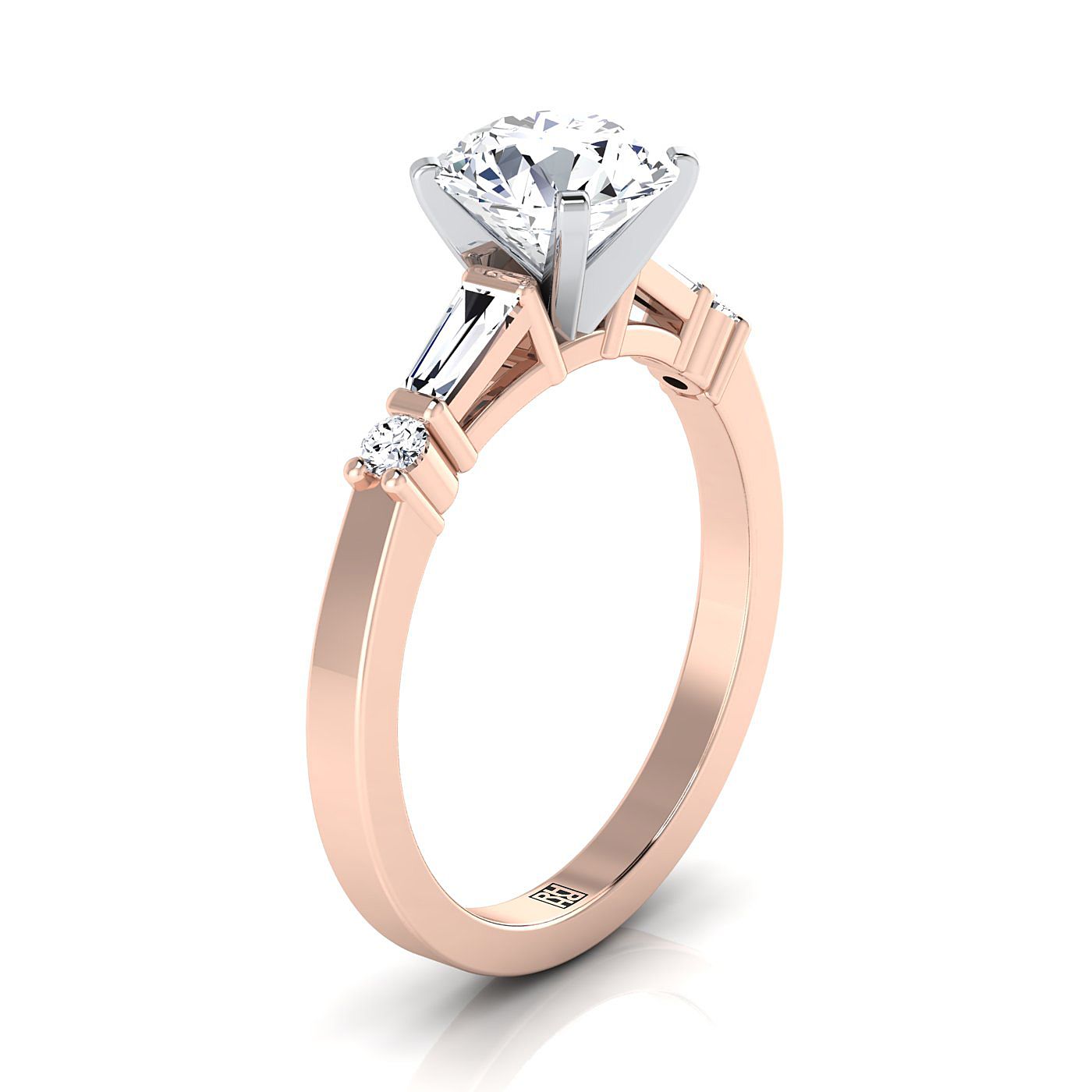 Round Brilliant, Baguette and Round Side Stone, in 14K Rose Gold, prong setting – side profile | RockHer