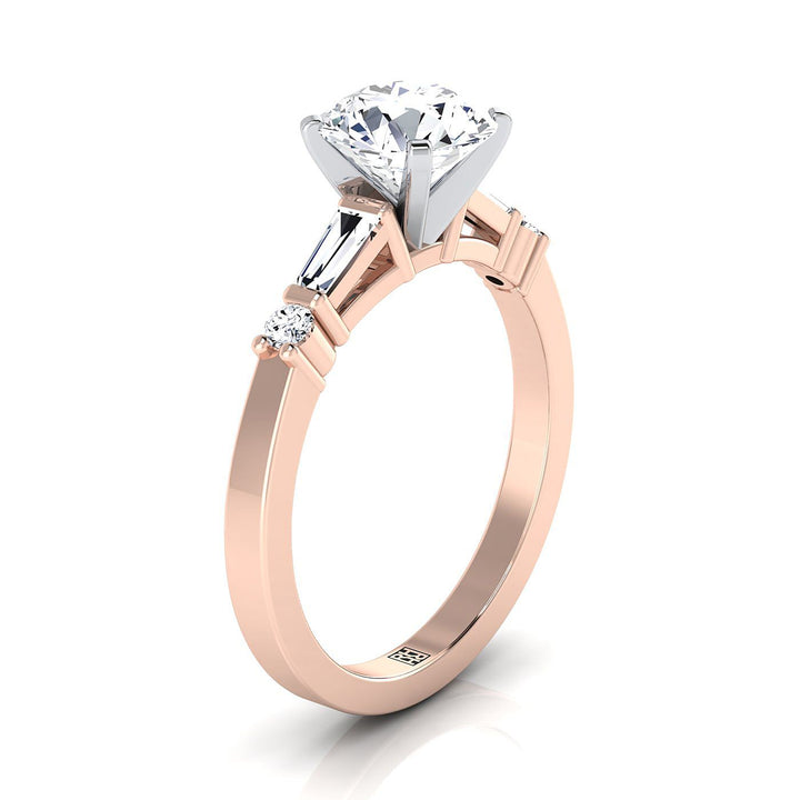 Round Brilliant, Baguette and Round Side Stone, in 14K Rose Gold, prong setting – side profile | RockHer