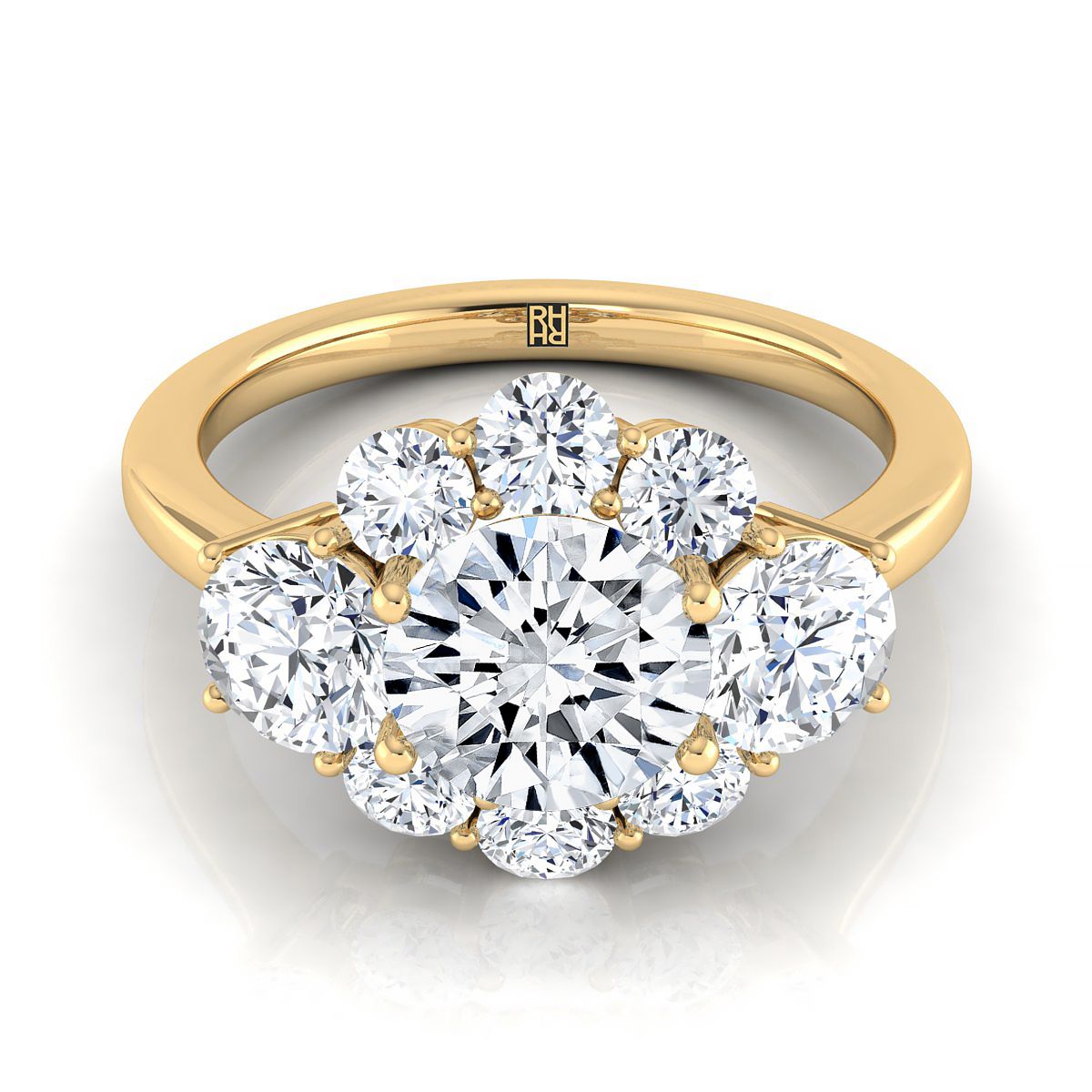 14K Yellow Gold Round Brilliant Modern Three Stone Blossom Diamond Engagement Ring -1-3/4ctw