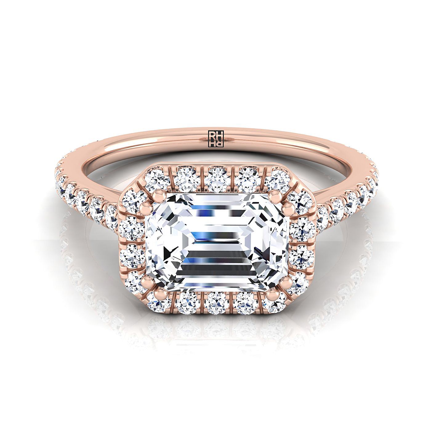 European Cut, East West Horizontal Halo Emerald, in 14K Rose Gold, pave setting | RockHer