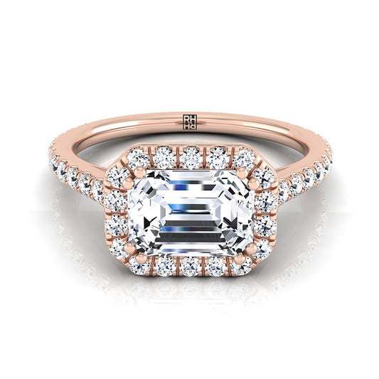 European Cut, East West Horizontal Halo Emerald, in 14K Rose Gold, pave setting | RockHer