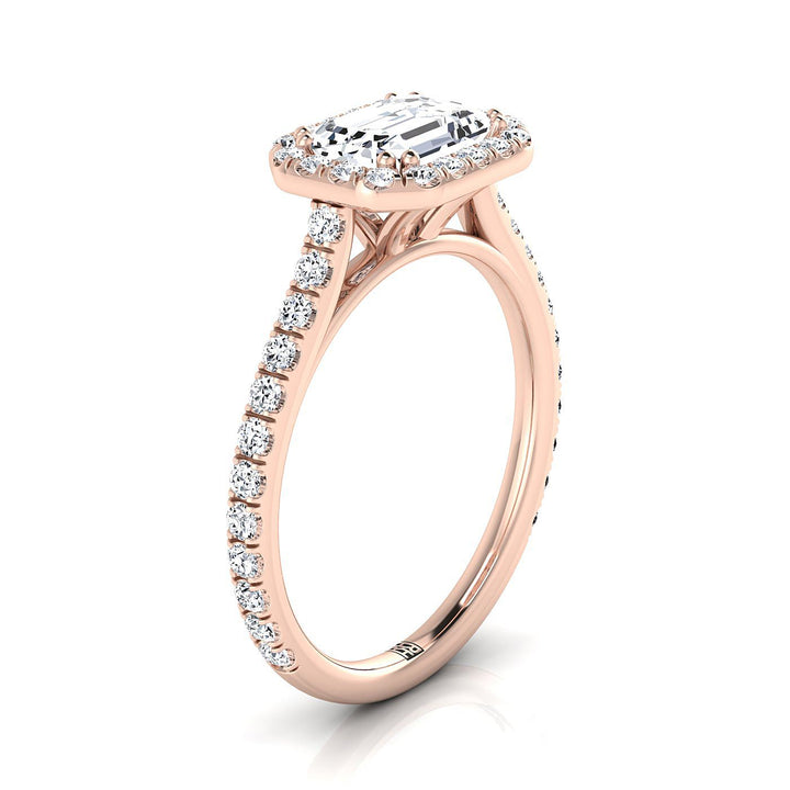 European Cut, East West Horizontal Halo Emerald, in 14K Rose Gold, pave setting – side profile | RockHer