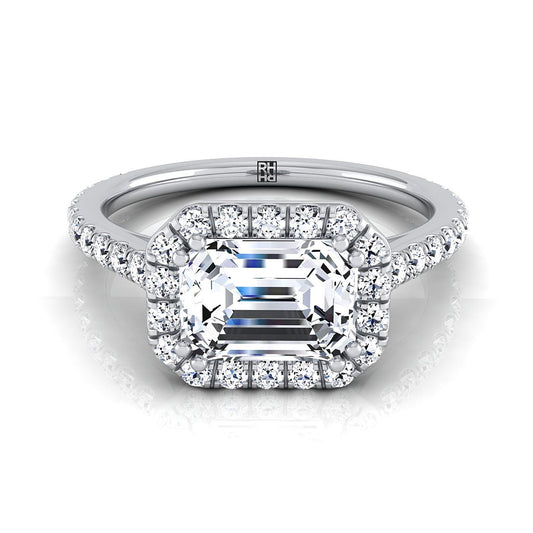 European Cut, East West Horizontal Halo Emerald, in Platinum | RockHer