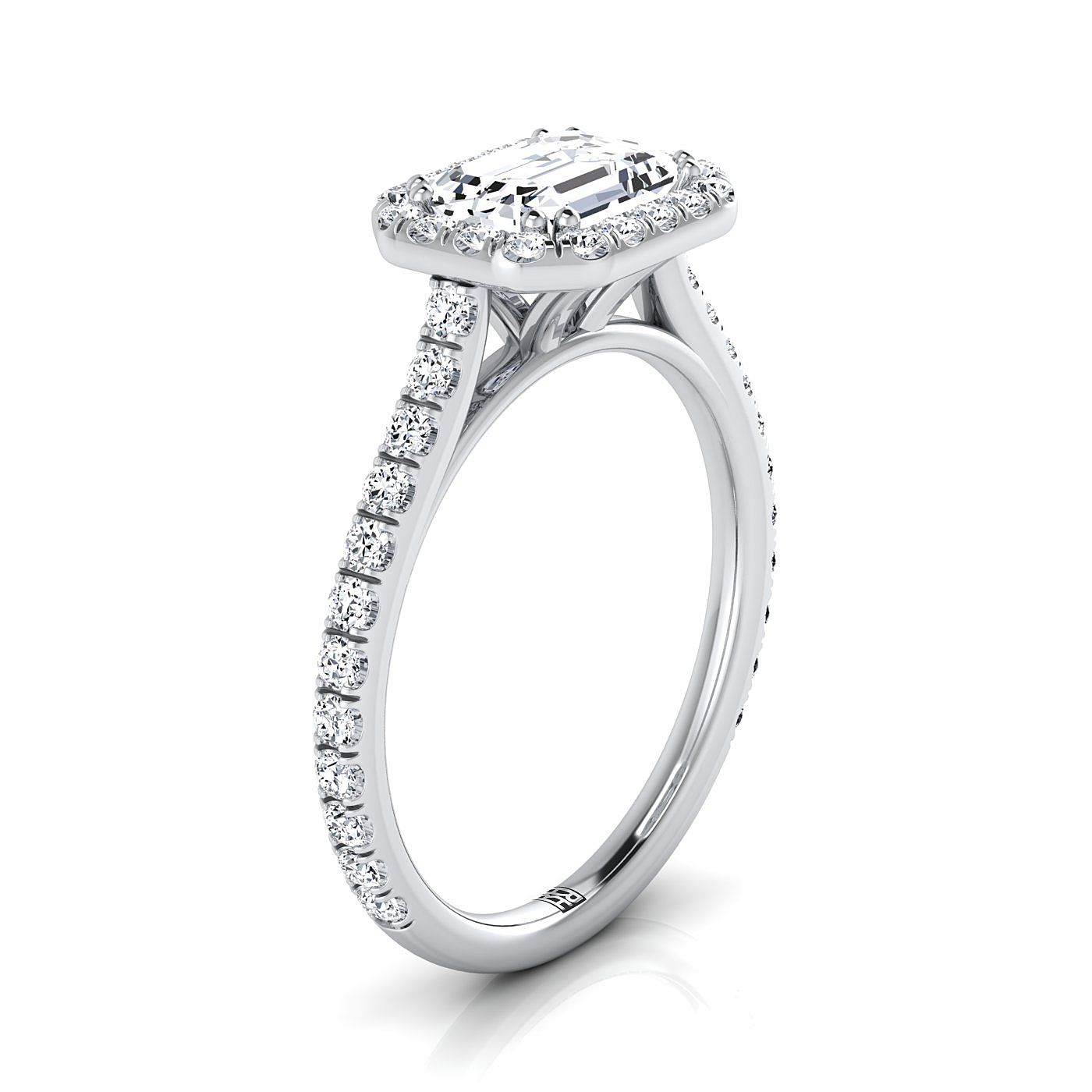 European Cut, East West Horizontal Halo Emerald, in Platinum – side profile | RockHer