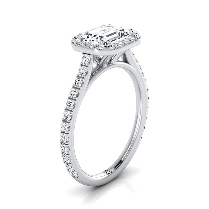 European Cut, East West Horizontal Halo Emerald, in Platinum – side profile | RockHer