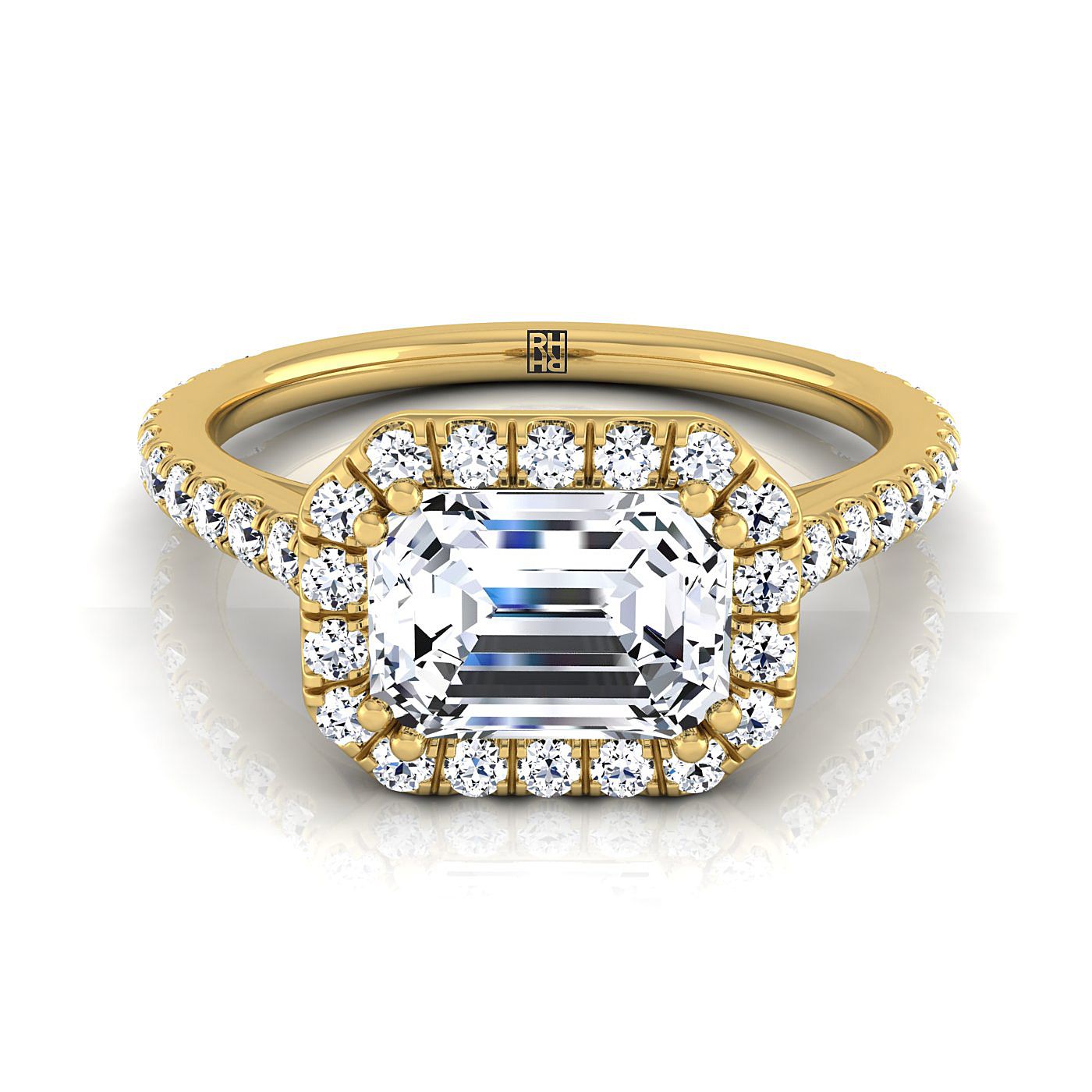 European Cut, East West Horizontal Halo Emerald, in 18K Yellow Gold | RockHer
