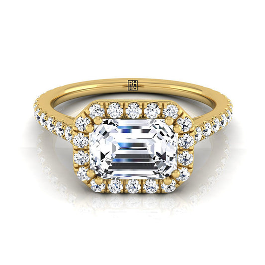 European Cut, East West Horizontal Halo Emerald, in 18K Yellow Gold | RockHer