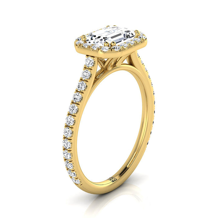 European Cut, East West Horizontal Halo Emerald, in 18K Yellow Gold – side profile | RockHer