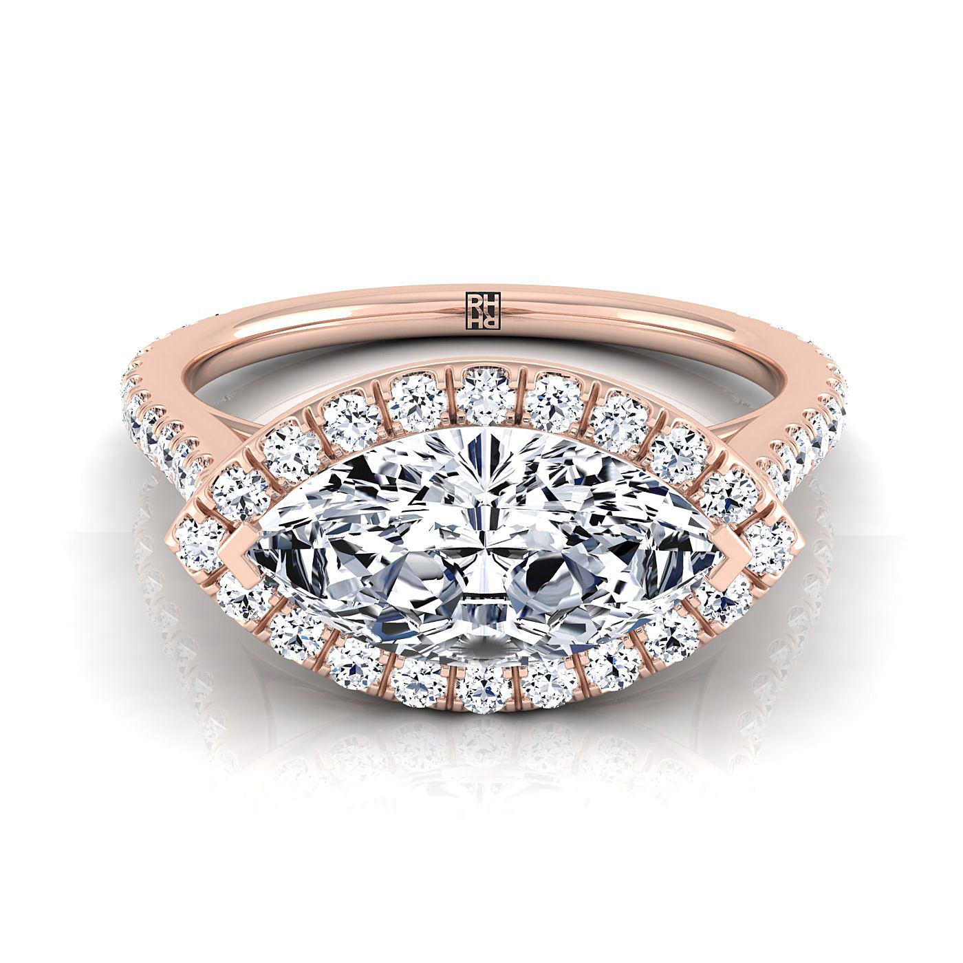 East West Horizontal Halo Marquise, in 14K Rose Gold | RockHer