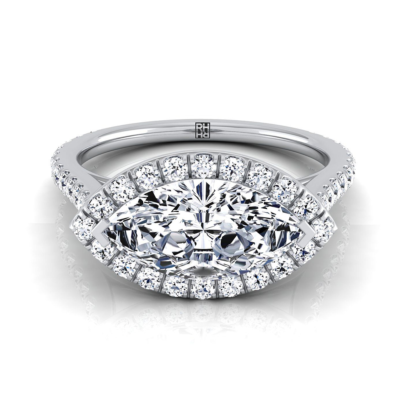 East West Horizontal Halo Marquise, in 18K White Gold | RockHer