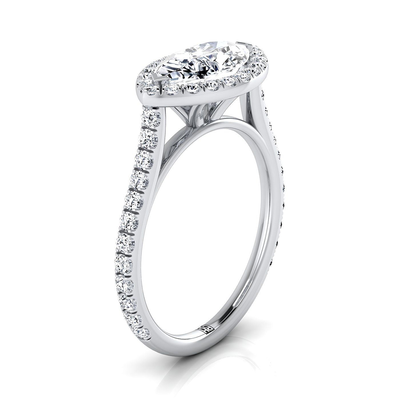 East West Horizontal Halo Marquise, in Platinum – side profile | RockHer