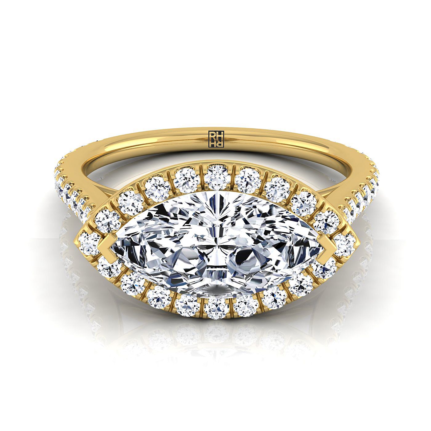 East West Horizontal Halo Marquise, in 18K Yellow Gold | RockHer