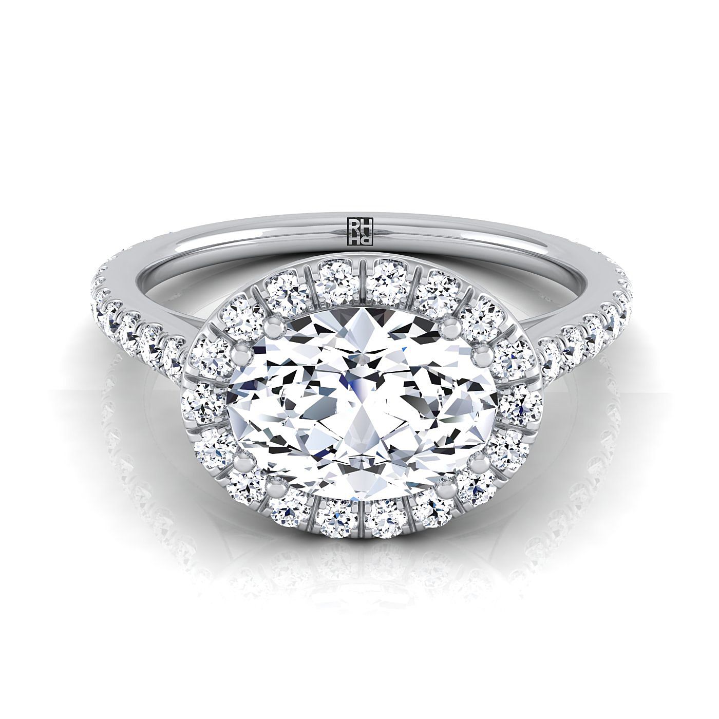 East West Horizontal Halo Oval, in 18K White Gold | RockHer