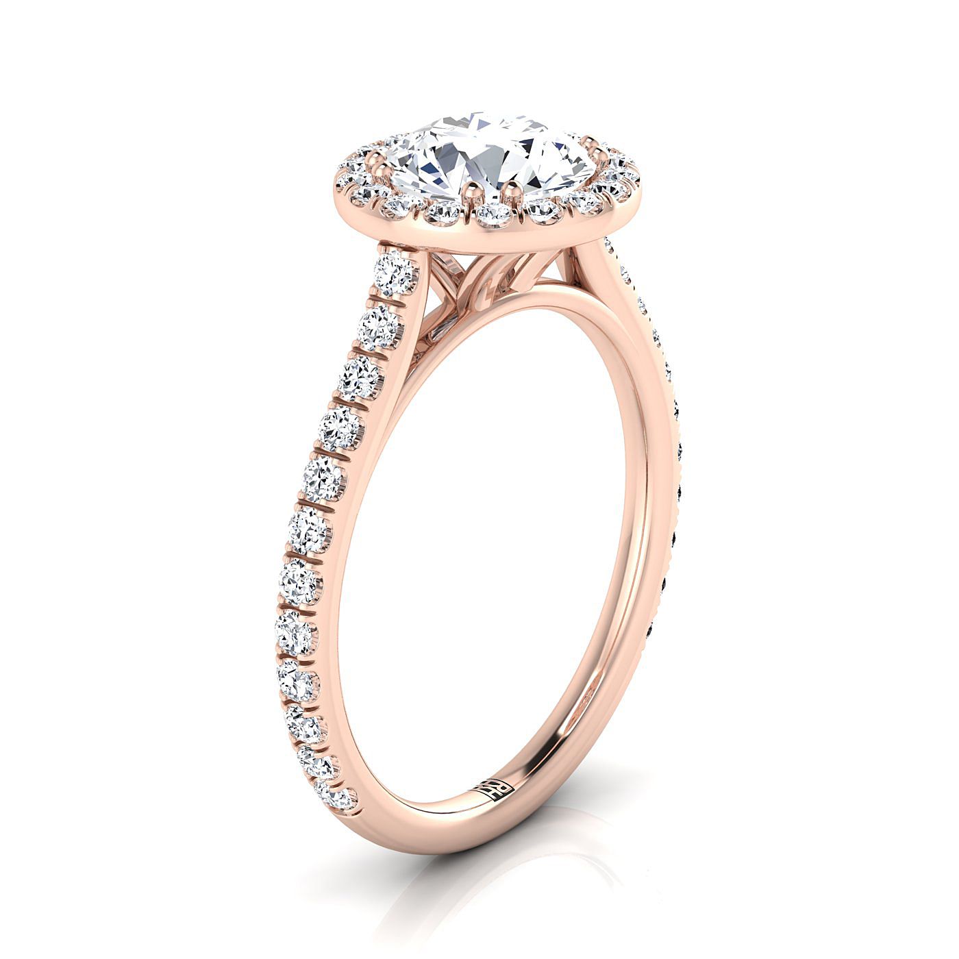 Round Brilliant, East West Horizontal Halo Round, in 14K Rose Gold – side profile | RockHer