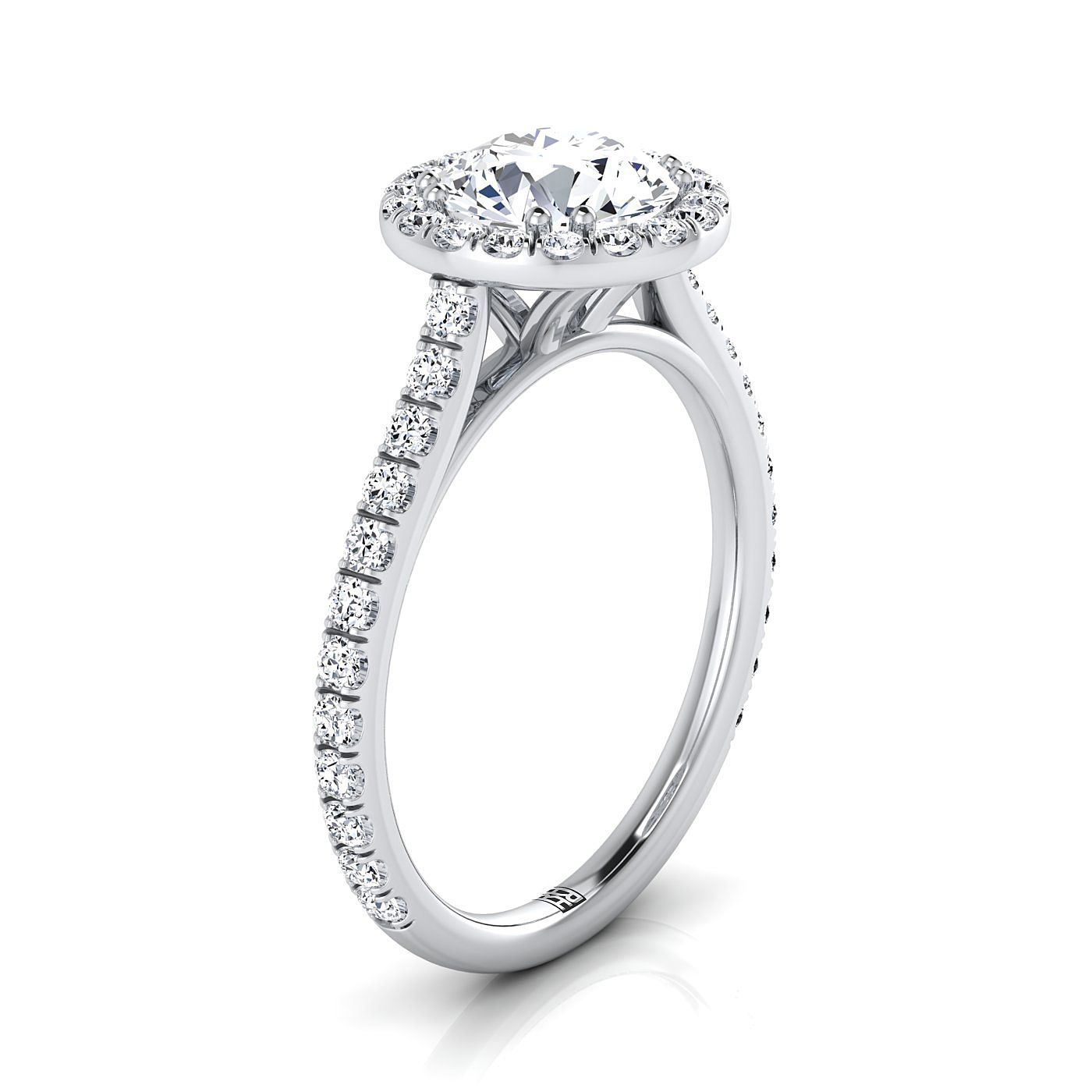 Round Brilliant, East West Horizontal Halo Round, in 18K White Gold – side profile | RockHer