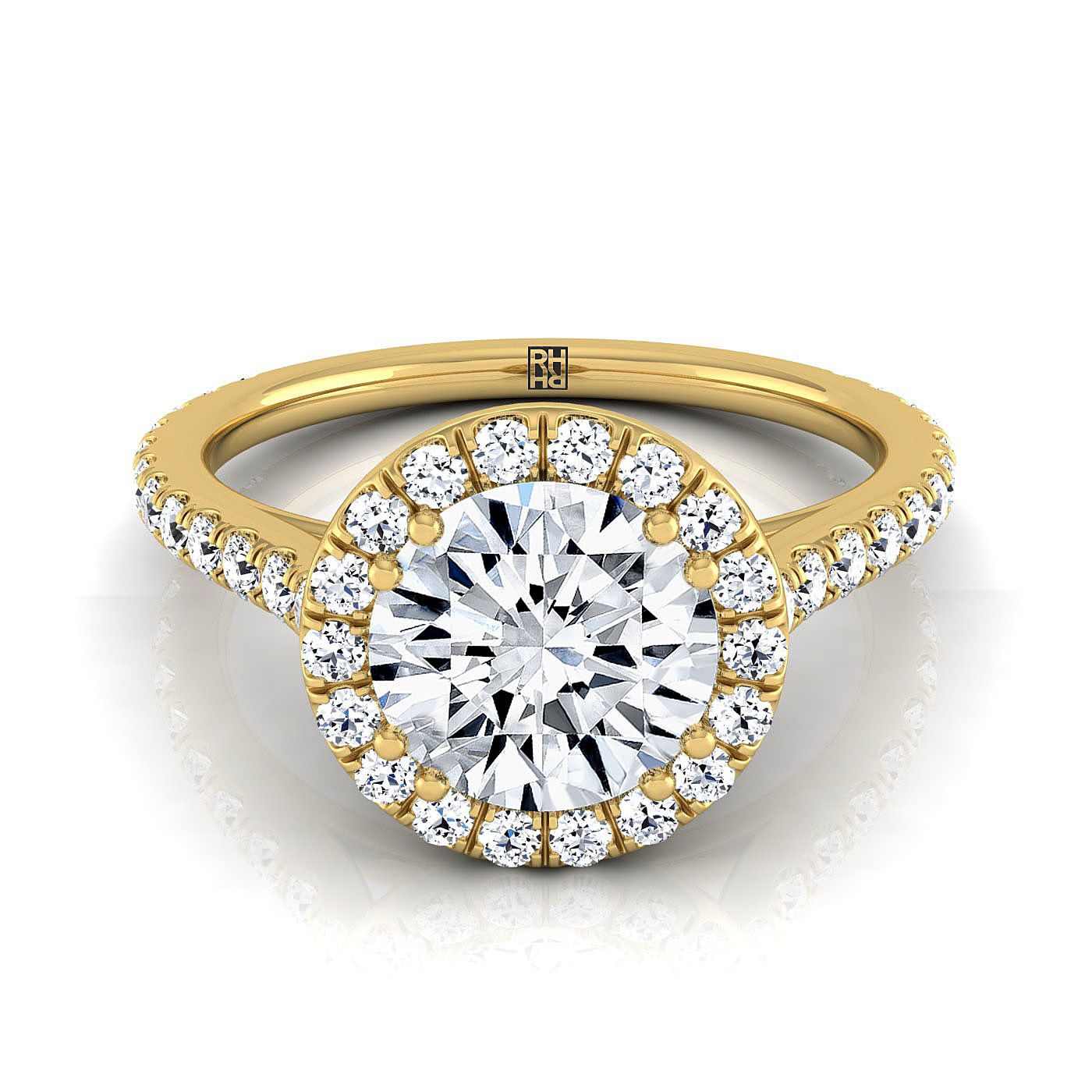 Round Brilliant, East West Horizontal Halo Round, in 18K Yellow Gold | RockHer