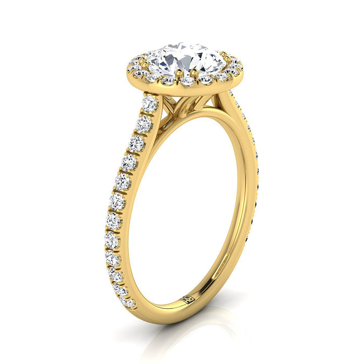 Round Brilliant, East West Horizontal Halo Round, in 18K Yellow Gold – side profile | RockHer