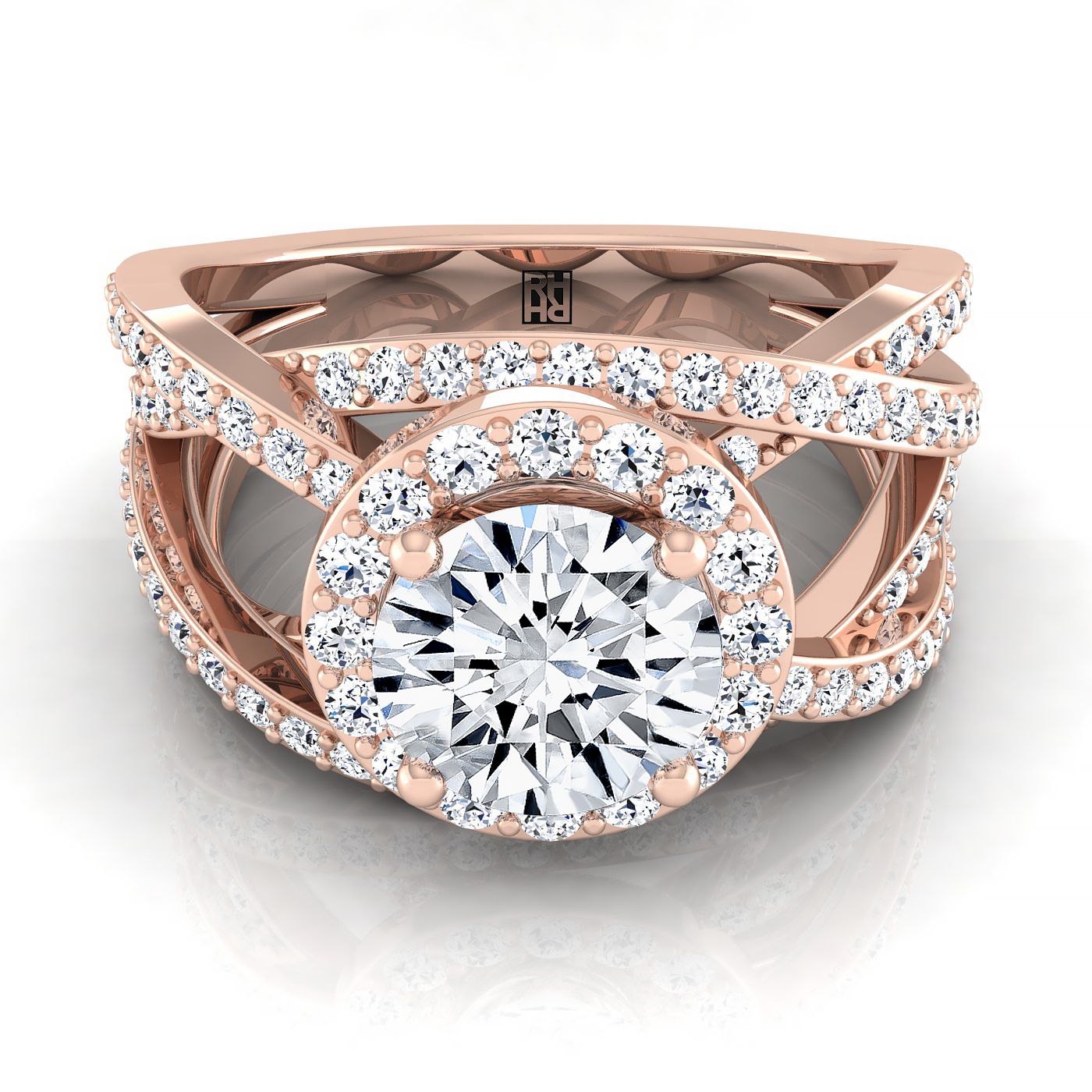 Round Brilliant, Open Intertwined Pavé Row, in 14K Rose Gold, prong setting – view 8 | RockHer
