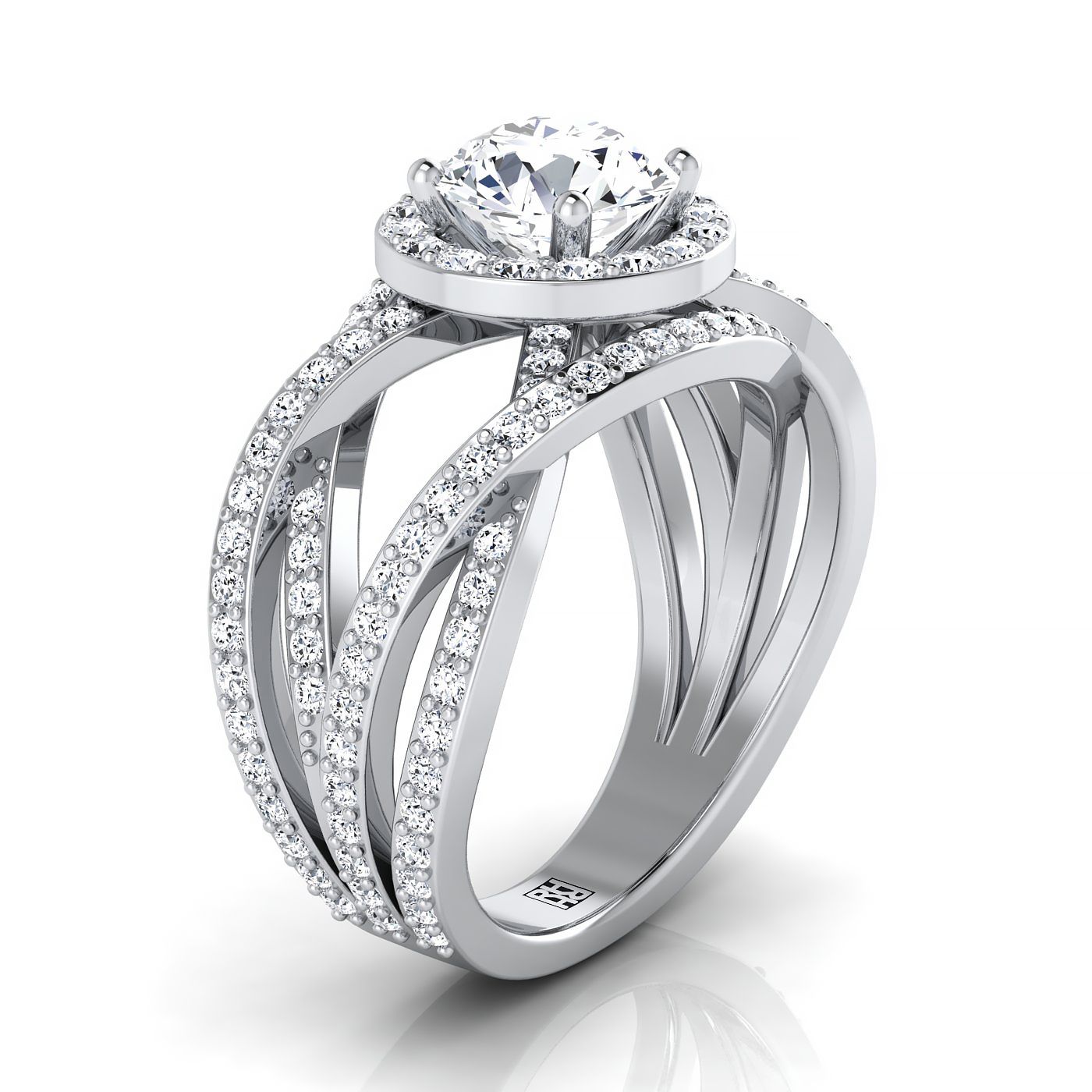 14K White Gold Round Brilliant Unique Open Intertwined Diamond Pave Row Engagement Ring -1ctw
