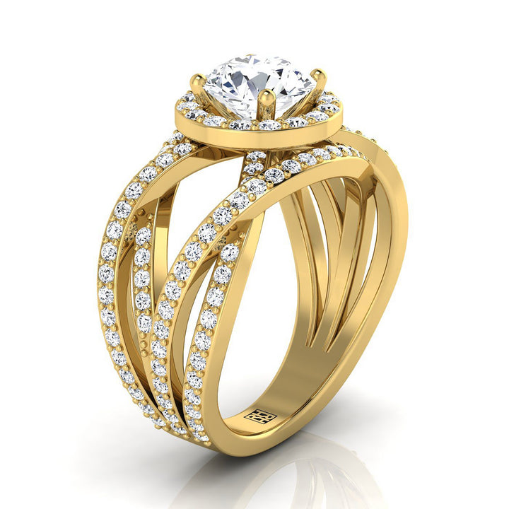 14K Yellow Gold Round Brilliant Unique Open Intertwined Diamond Pave Row Engagement Ring -1ctw