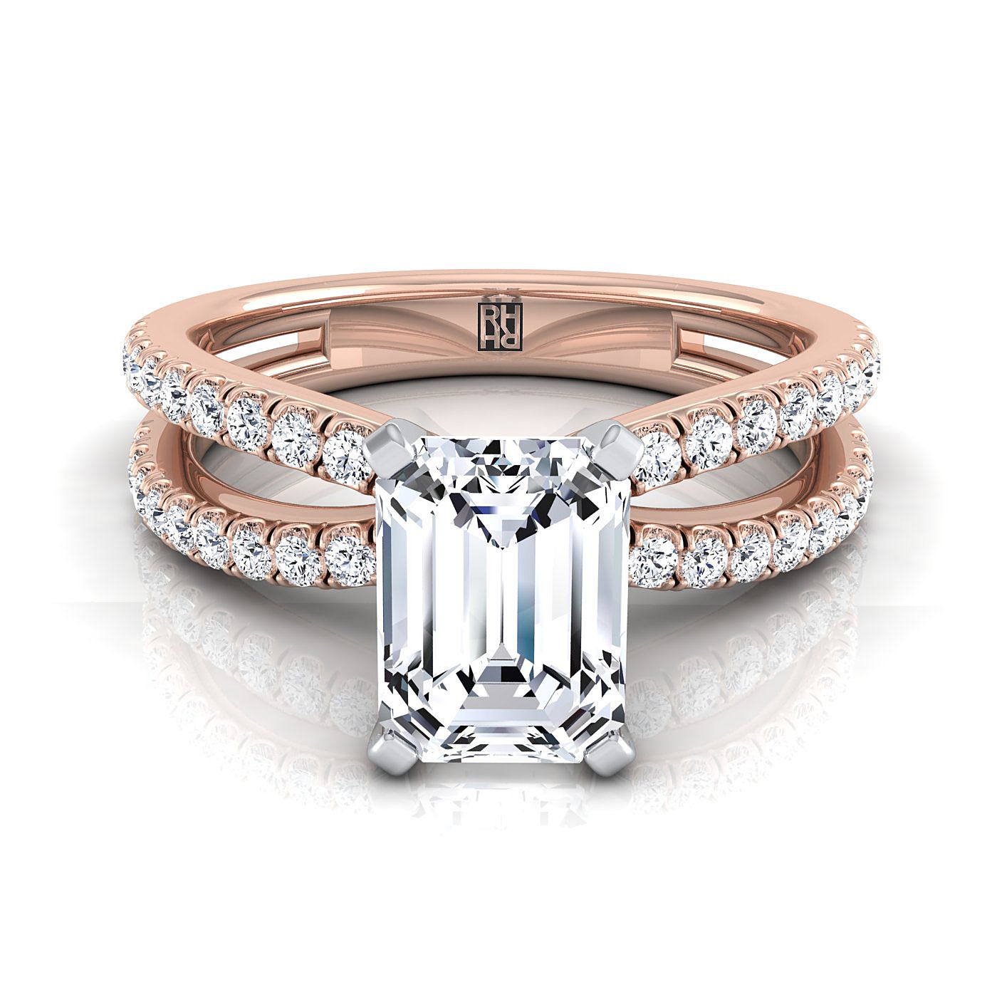 European Cut, Two Row Pavé Split Shank Emerald, in 14K Rose Gold, pave setting | RockHer