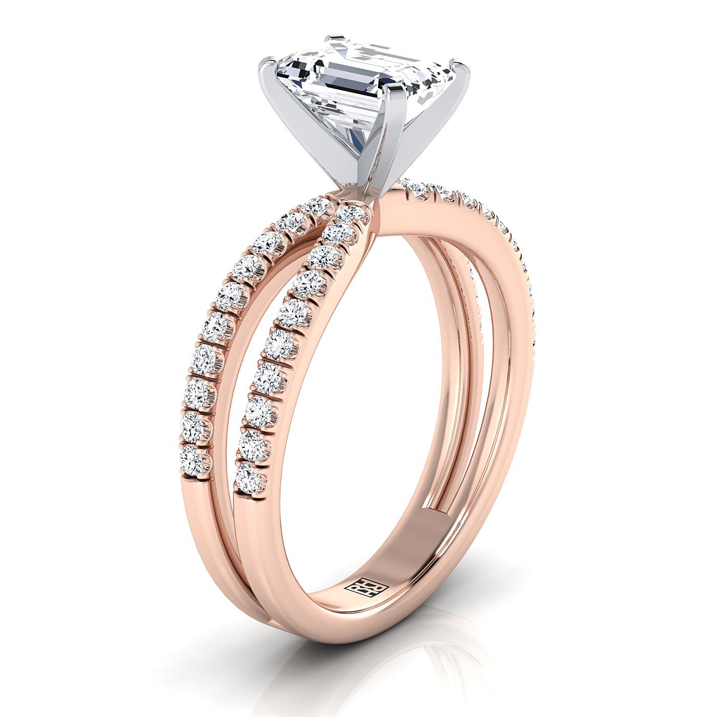 European Cut, Two Row Pavé Split Shank Emerald, in 14K Rose Gold, pave setting – side profile | RockHer