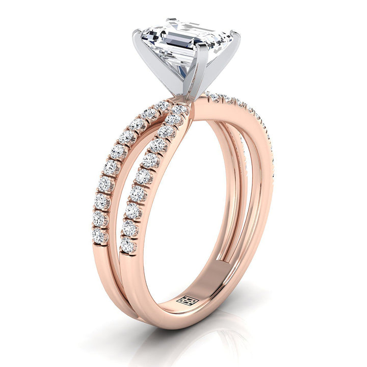 European Cut, Two Row Pavé Split Shank Emerald, in 14K Rose Gold, pave setting – side profile | RockHer