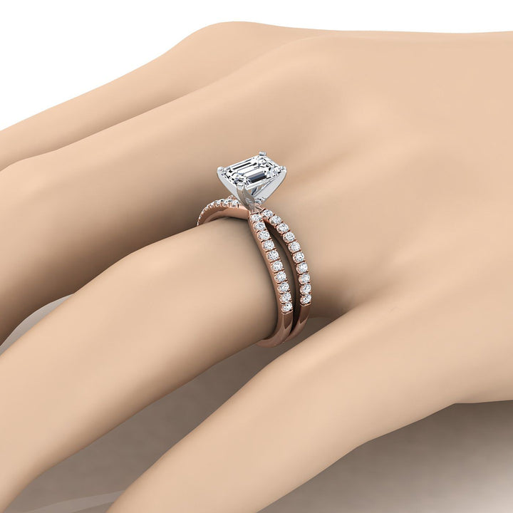 European Cut, Two Row Pavé Split Shank Emerald, in 14K Rose Gold, pave setting – detail view | RockHer