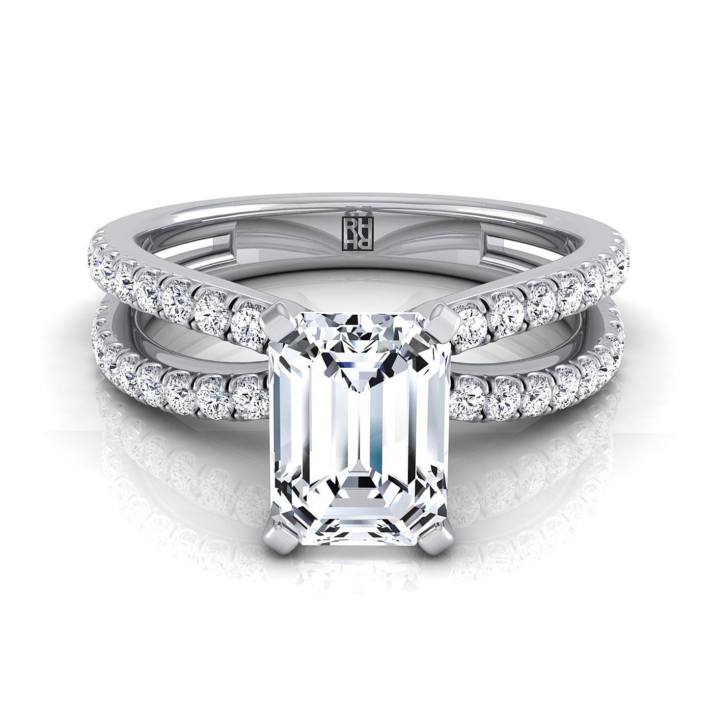 European Cut, Two Row Pavé Split Shank Emerald, in Platinum – view 8 | RockHer
