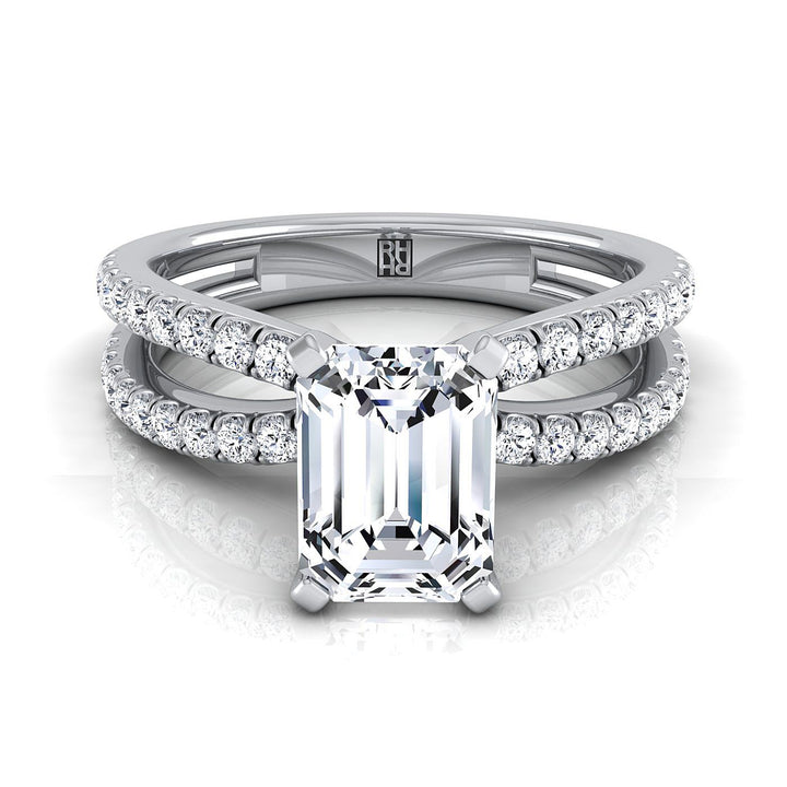 European Cut, Two Row Pavé Split Shank Emerald, in 18K White Gold – view 8 | RockHer