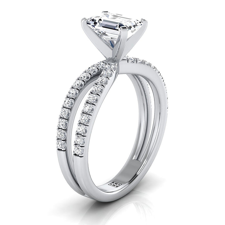 European Cut, Two Row Pavé Split Shank Emerald, in 18K White Gold – view 9 | RockHer