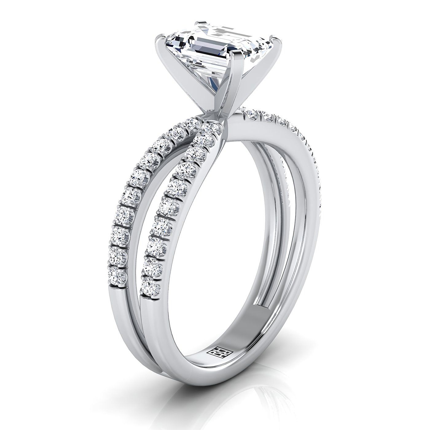 European Cut, Two Row Pavé Split Shank Emerald, in Platinum – view 9 | RockHer