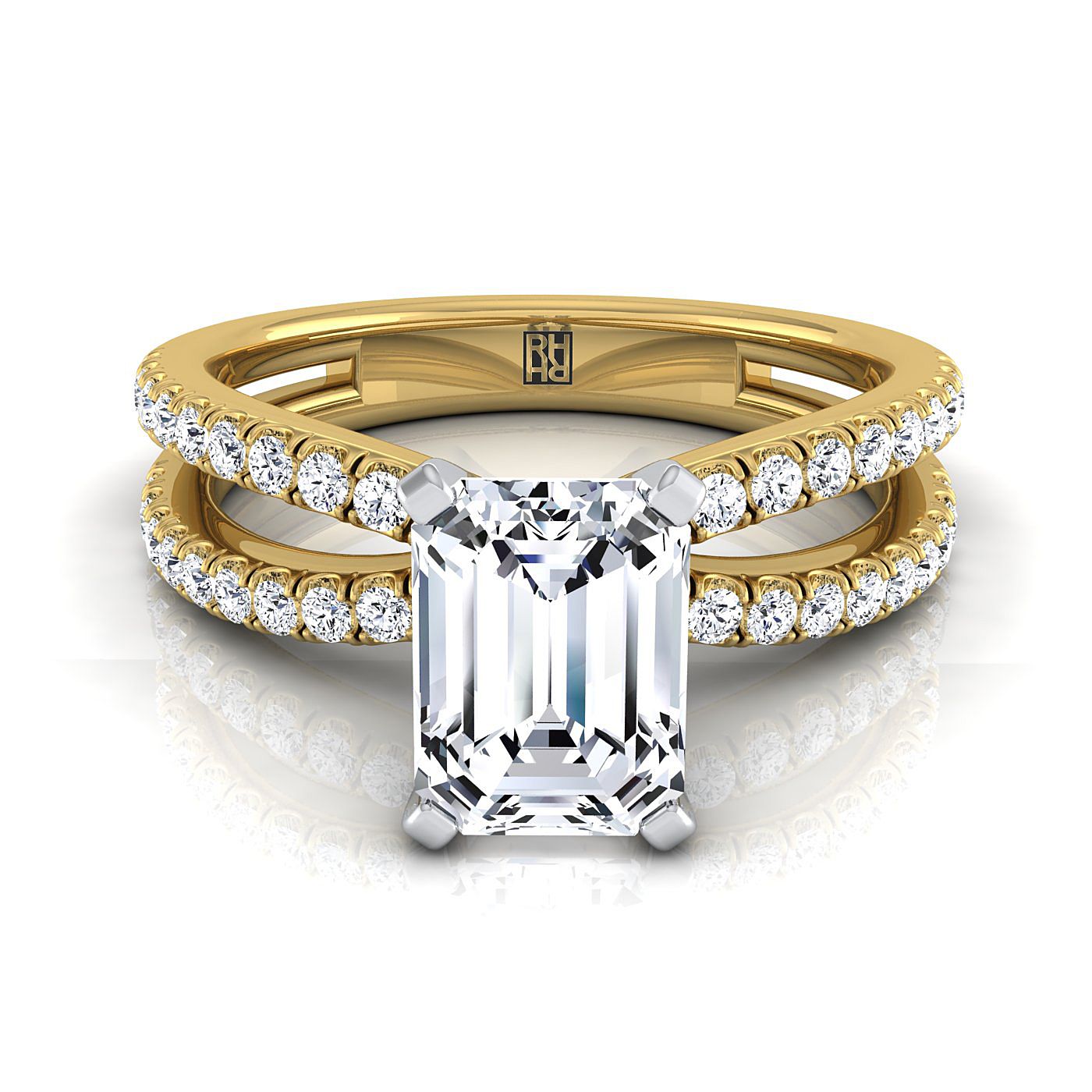 European Cut, Two Row Pavé Split Shank Emerald, in 18K Yellow Gold | RockHer